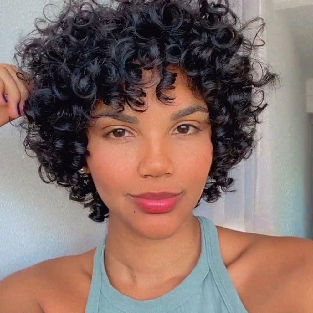 باروكة من شعر طبيعي برازيلي قصير مجعد قصير مع غرة منتفخة مسبقًا للنساء مصنوعة آليًا شعر بشري مجعد بوب #2