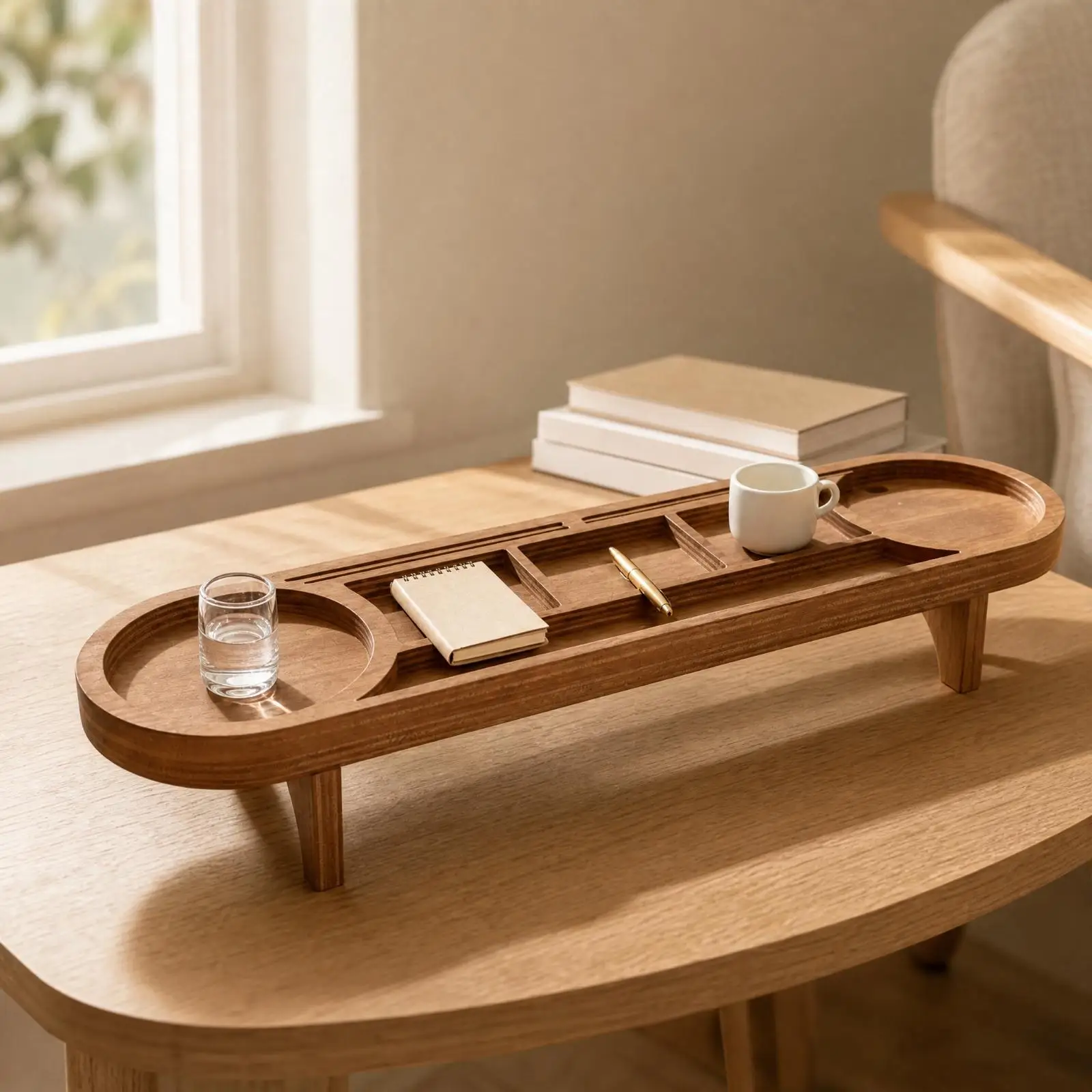 Wooden Desktop Organizer Tray Raised-Wooden Edge Tray with Device Slots Desk Organizer with Compartments Multi-Compartment
