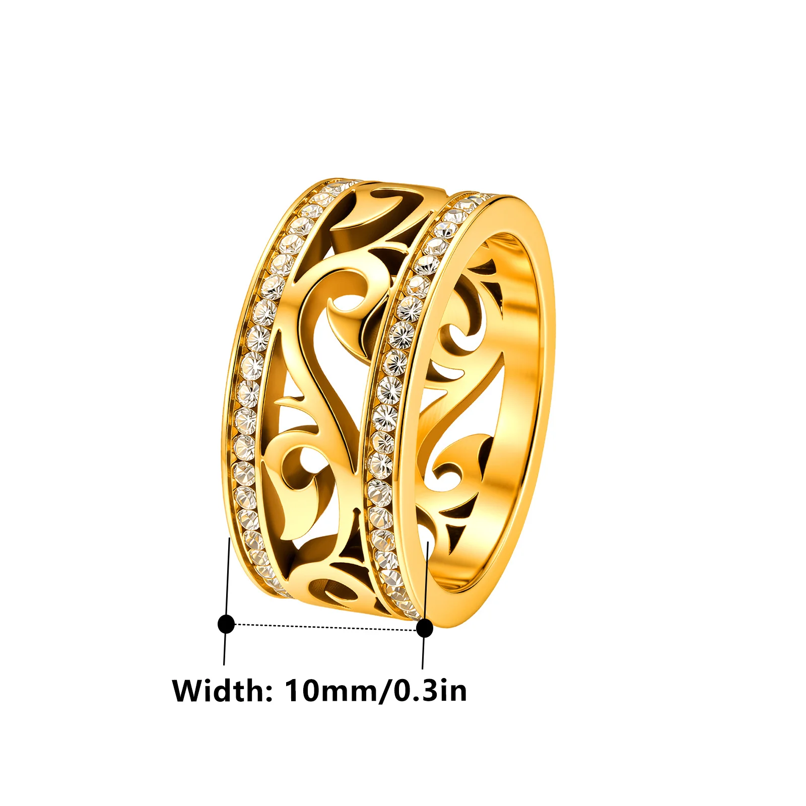 Kissmoon Punk Wide 10mm Zircon Ring for Women Men Stainless Steel Hollow Vine Filigree Finger Ring Statement Couple Jewelry Gift