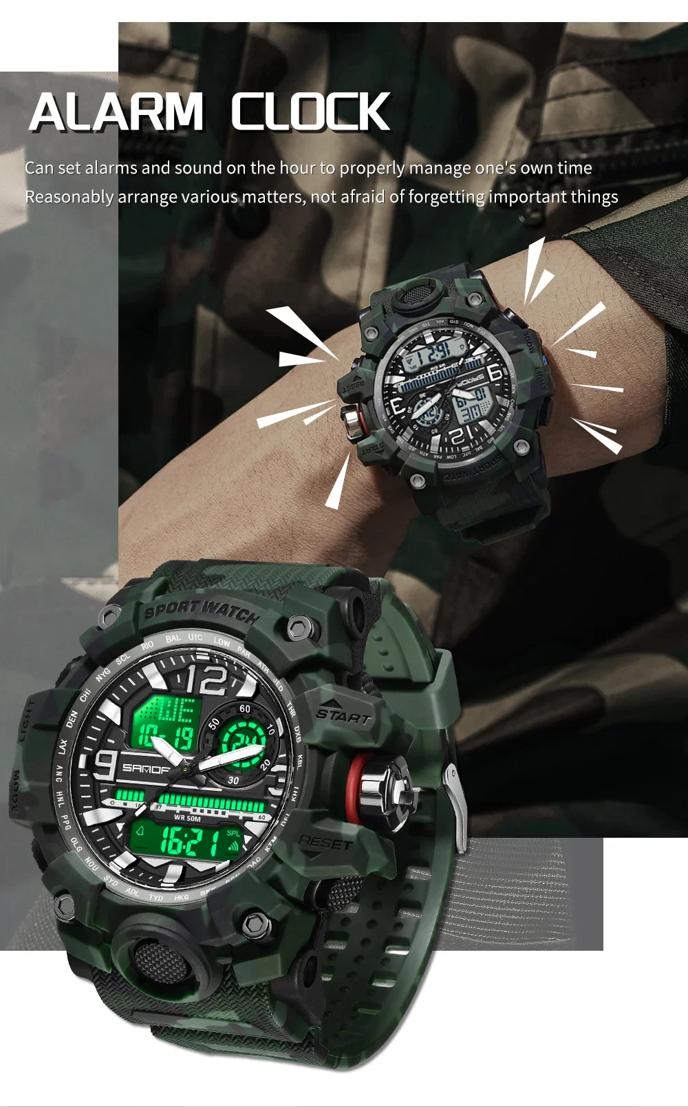 Orologio digitale a LED sportivo da uomo SANDA orologio al quarzo simulato a doppio schermo impermeabile Camo orologio da uomo con temporizzazione militare