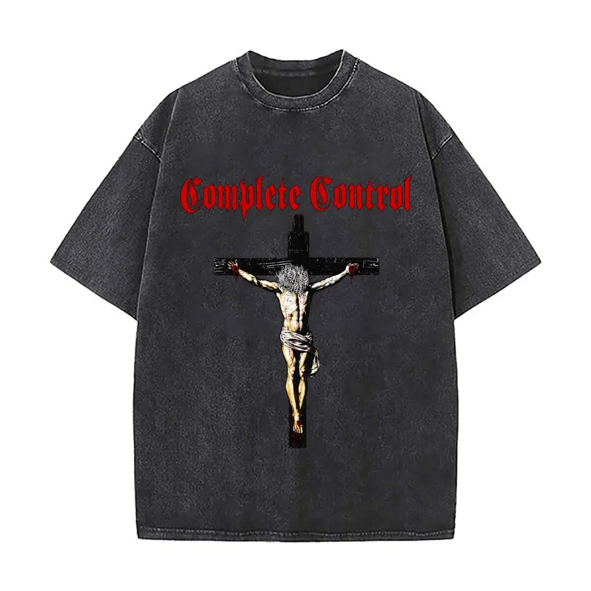 Complete Control Crucifixion Cross Religious Graphic Washed Distressed Loose Streetwear Tops for City Walks