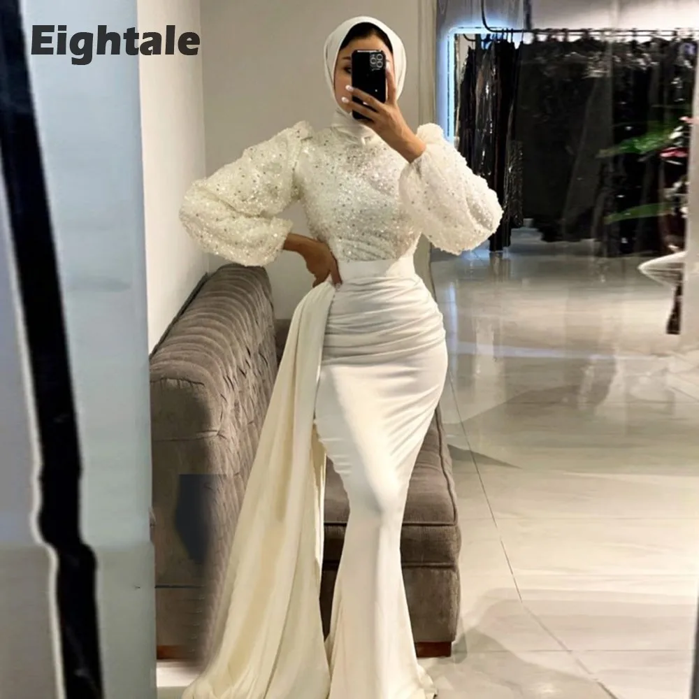 

Eightale Arabic Evening Dress for Wedding Party Long Sleeves Muslim High Neck Sparkly Mermaid Prom Gown Satin abendkleid damen