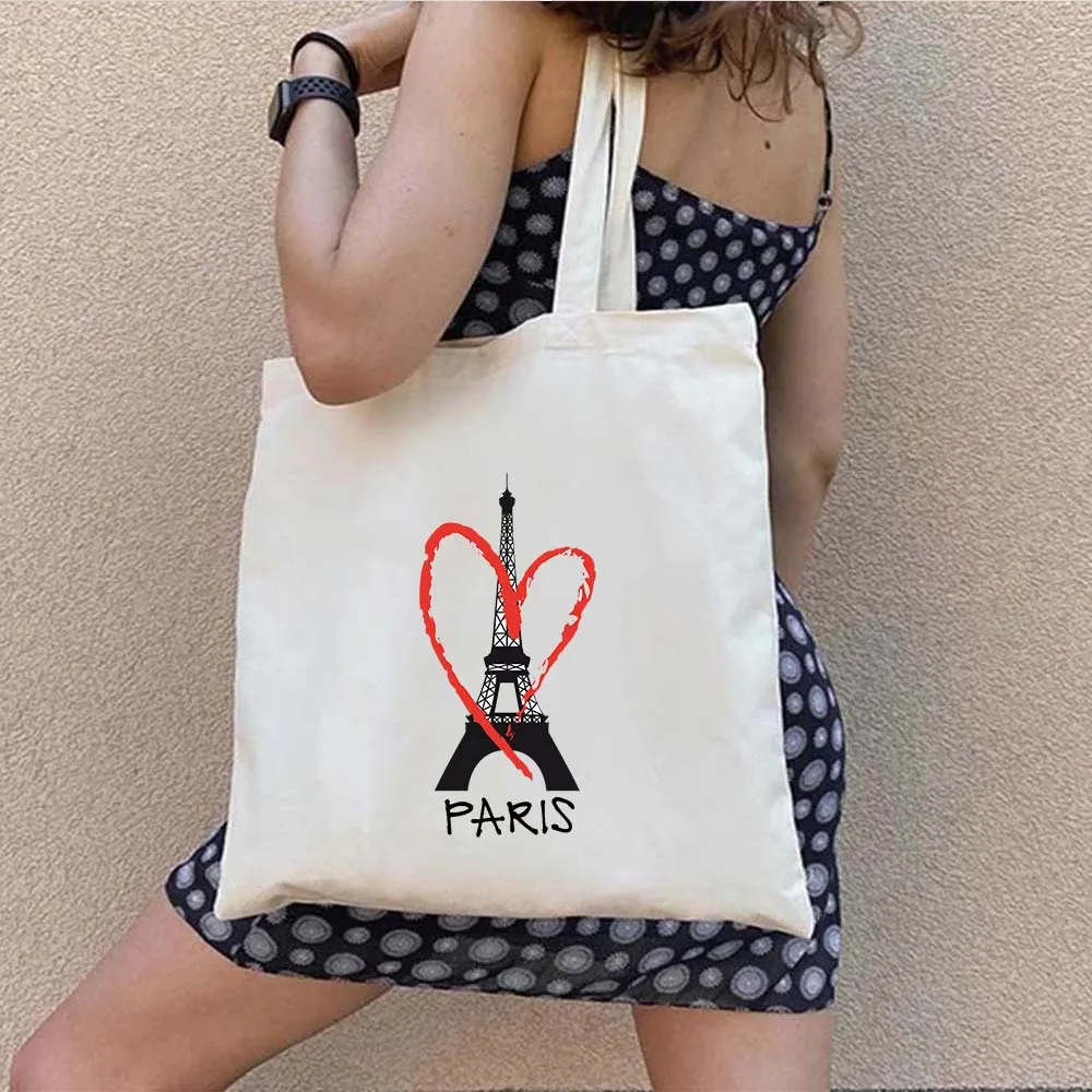 Eiffel Tower Paris France Girl Drawing Love Heart Lettering Print Women Girl Shoulder Shopping Canvas Tote Bags Shopper Handbags