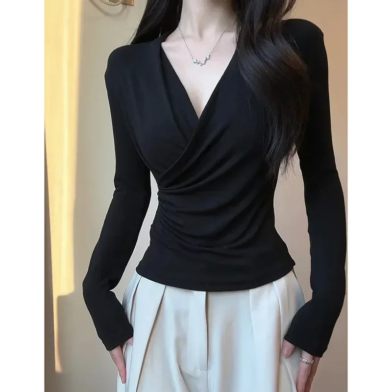 Pop Pop Black Cross V-Neck Long Sleeve T-Shirt Women's Spring Autumn Slim Fit Waist Control Belly Concealing Pure Desire Base Sh