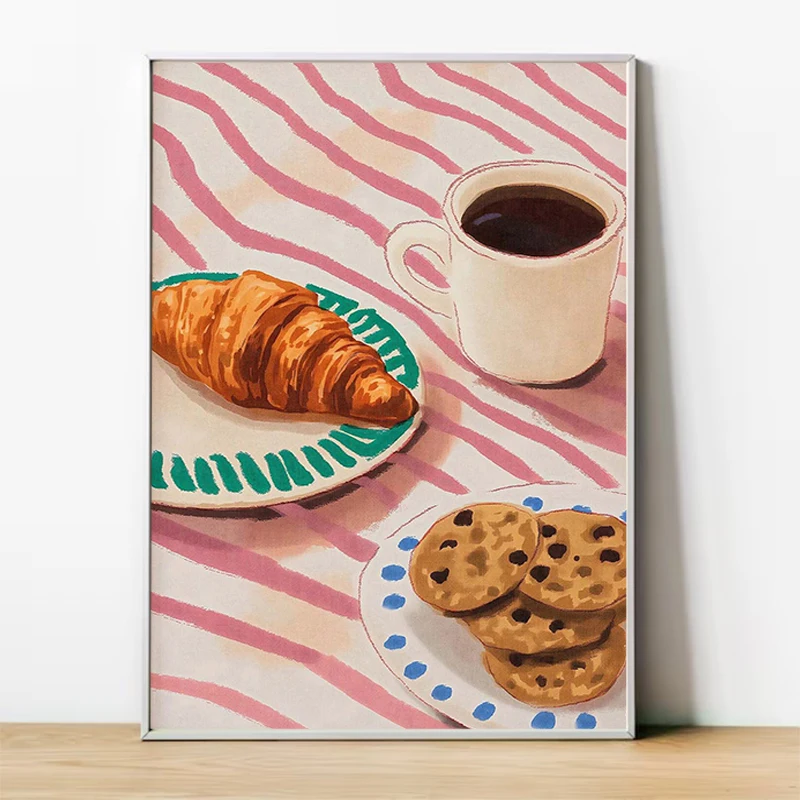 コーヒーショップ シティベーカリー イラスト クロワッサンとクッキー ポスター キャンバス絵画 ウォールプリント キッチン用 ホームデコレーション