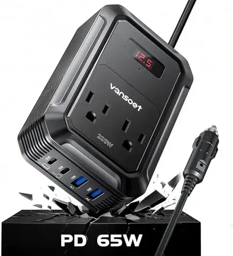 

Автомобильный инвертор 200 Вт (12В в 110В) с двумя портами USB-C, 2 USB и 2 AC-выходами — портативное зарядное устройство для ноутбуков и телефонов