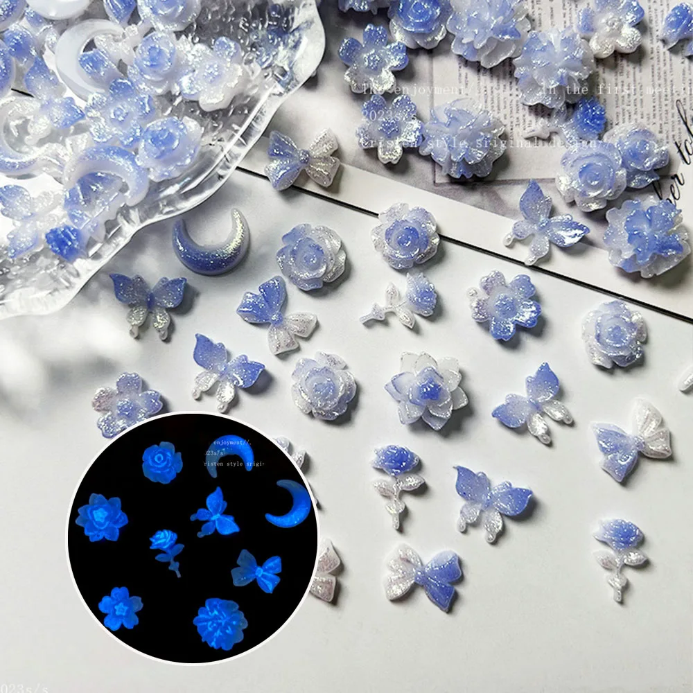 50 قطعة مضيئة التدرج مسمار السحر الأزرق اللون زهرة الورد فراشة مسمار الزينة DIY بها بنفسك الاكريليك الراين ثلاثية الأبعاد مانيكير أجزاء