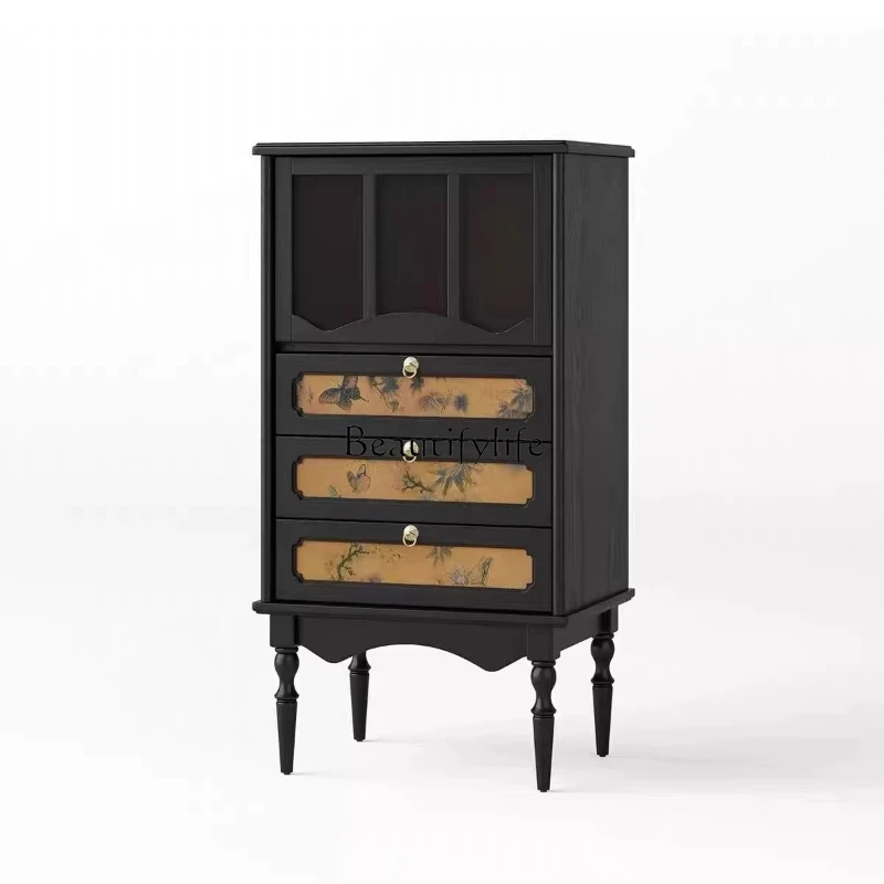 

French retro solid wood chest, antique bedroom, sliding door, glass storage, living room against the wall, storage side cabinet