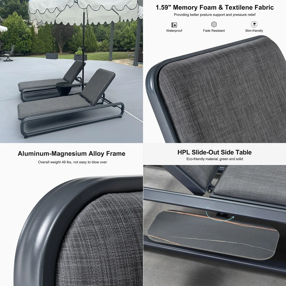 

Chaise Lounge Chair Recliner Outdoor for Patio Poolside w SlideOut Side Table with Cushion Adjustable Backrest 2 Pieces Dark Gr