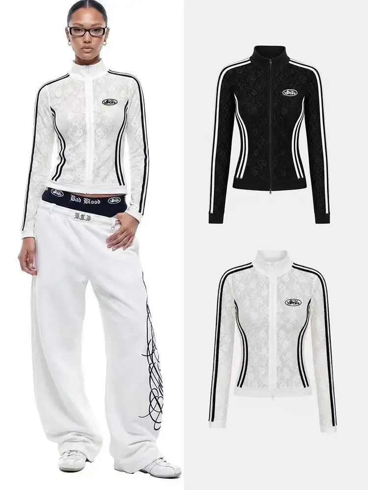 Badblood Korean American Hot Girl Lace Slim Fit Stand Collar Zip-Up Cardigan Women Sporty Striped Jacket