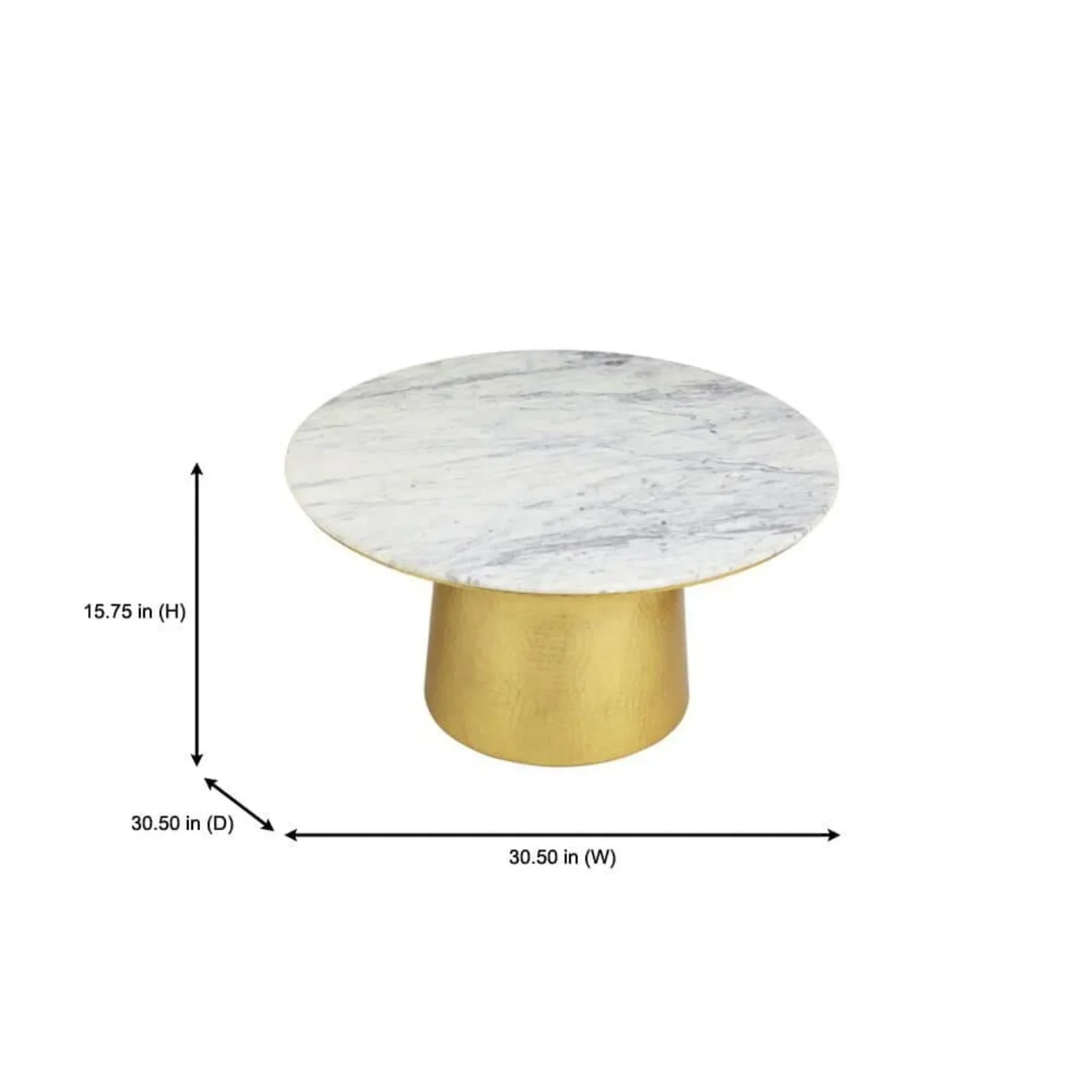 31 in. Gold/Marble Medium Round Marble Coffee Table with Hammered Base