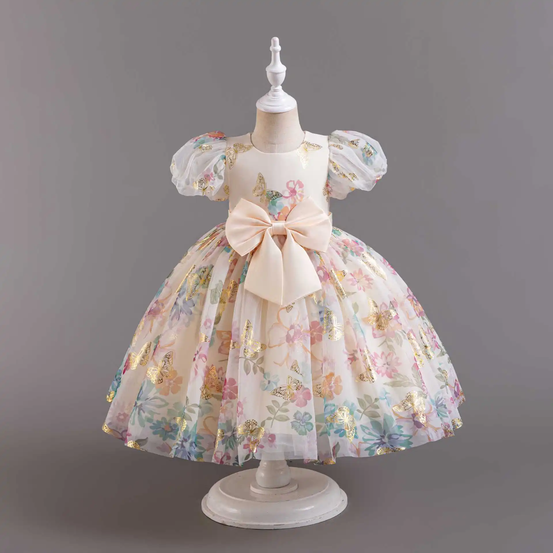 

Organza Printed Children's Dress Puff Sleeve Bow Wedding Party Flower Girls Dress Girls Princess Dress Ball Gown