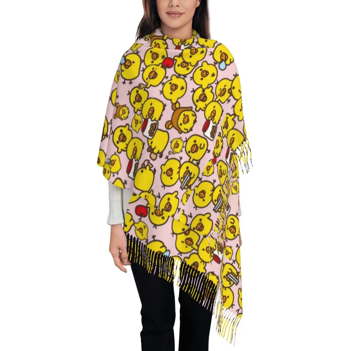 Bufanda para mujer con borla lindo patrón Kiiroitori grande chal súper suave abrigo Rilakkuma regalos bufanda de cachemira