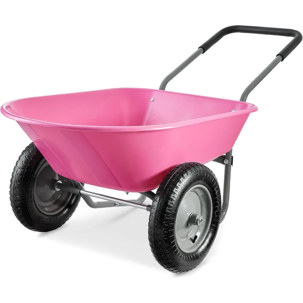 

Dual-Wheel Home Utility Yard Wheelbarrow Garden Cart w/Built-in Stand for Lawn, Gardening, Construction - Pink