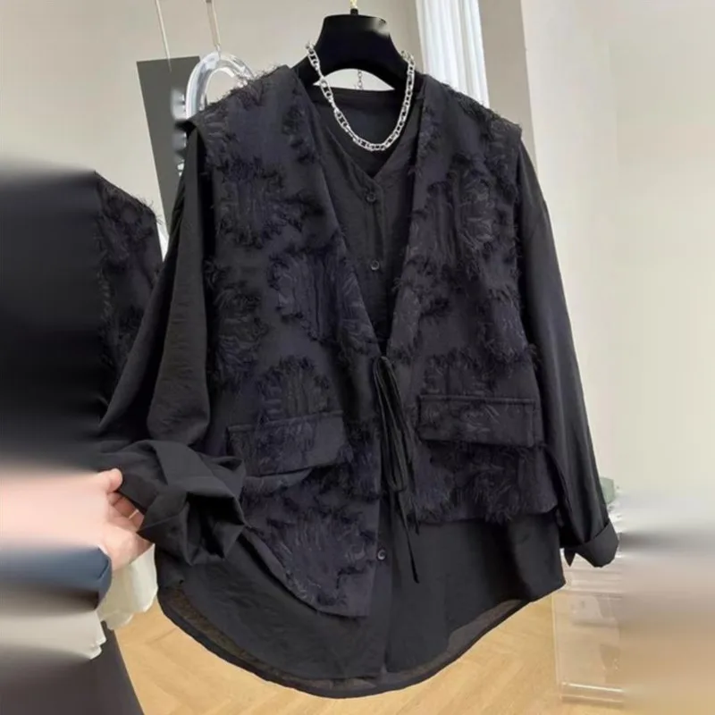 WVGA Spring Autumn New Man Tide Oversized Fake Two-piece Trendy Long Sleeve Shirt Niche Chic Casual Turn-Down Collar Tops W22181
