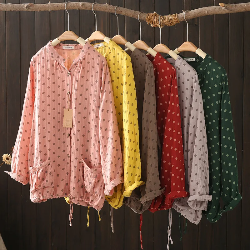 SuperAen 2026 Spring and Summer New Polka Dot Printed V-neck Tops Drawstring Loose Large Pockets Cotton Shirts