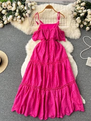 Summer Ruffle Edge Hook Flower Hollow Out Beach Dress Women Sexy Backless Long Dresses Fashion Vintage Party Dress
