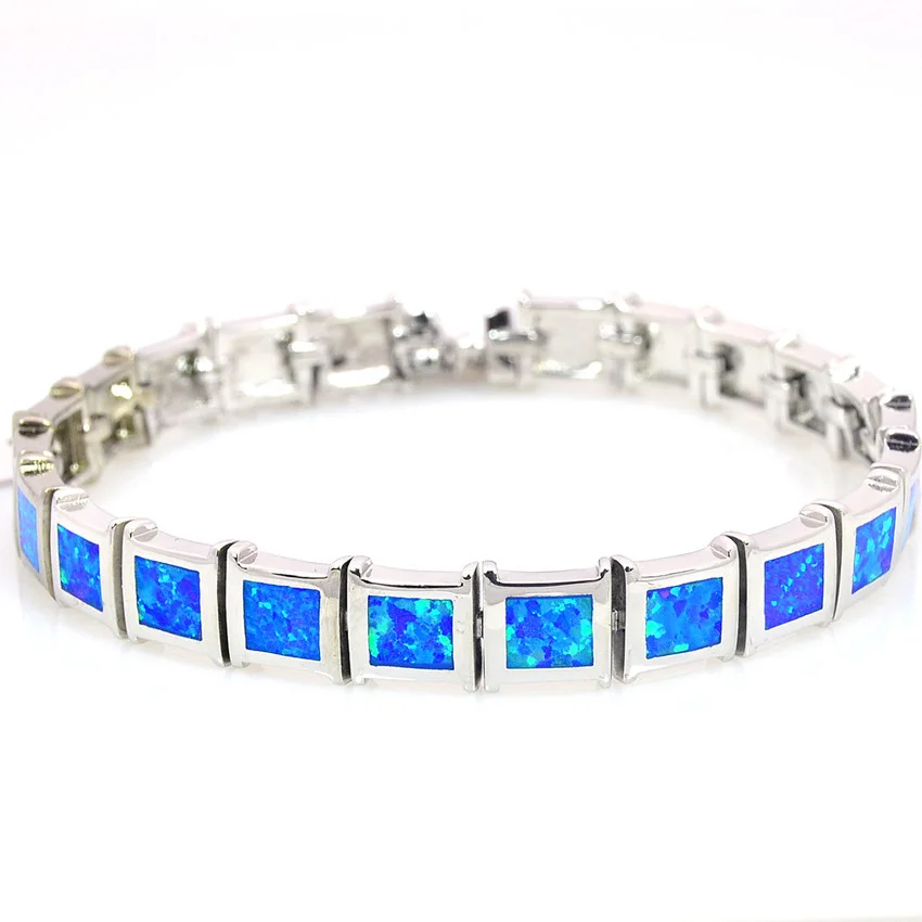 Celestial Square Opal Bracelet, Ethereal Blue Solid Opal Beads on Silver Chain, Adjustable Minimalist Dainty Jewelry for Women