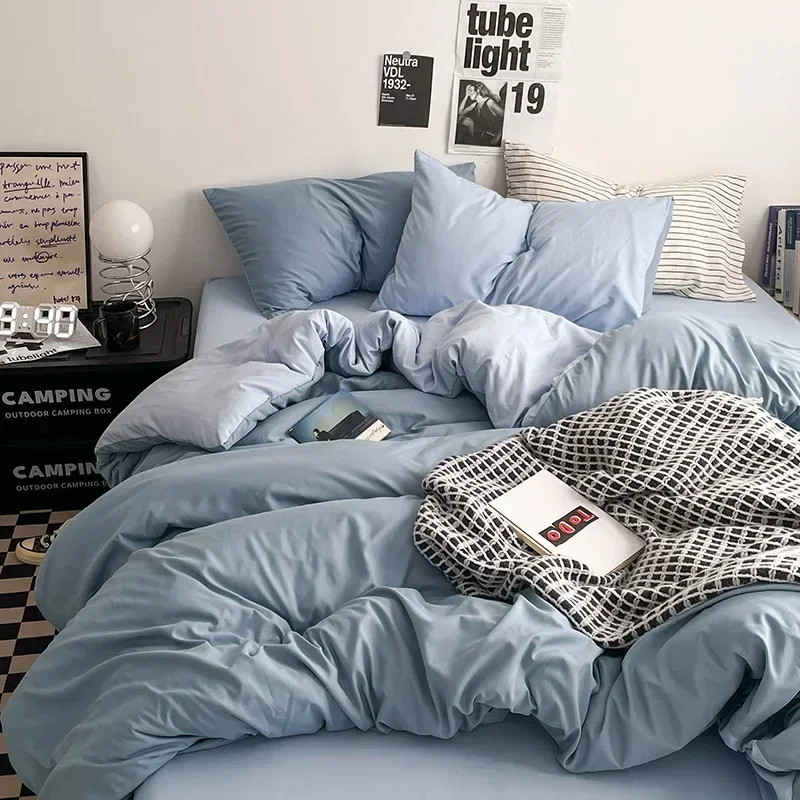 

4Pcs Solid Dual Skin-Friendly Cotton Bedding Sets Ins Style Ultra Soft Bed Sheet Comforter Cover Set Washed Smooth Bedclothes