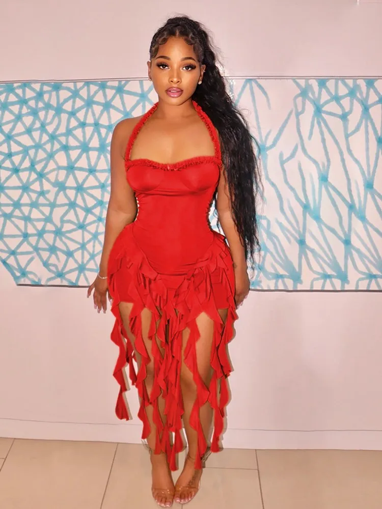 

Evening Dress Dresses 2025 Woman Vestidos Simple Style Bodycon Pleated Tassel Halter Neck Hot Girl Style Sleeveless Temperament