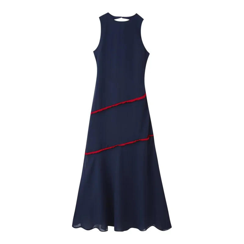European Style Summer Sleeveless Maxi Dress Women Halter Neck Backless Contrast Ruffle Trim Elegant Long Dresses for Daily