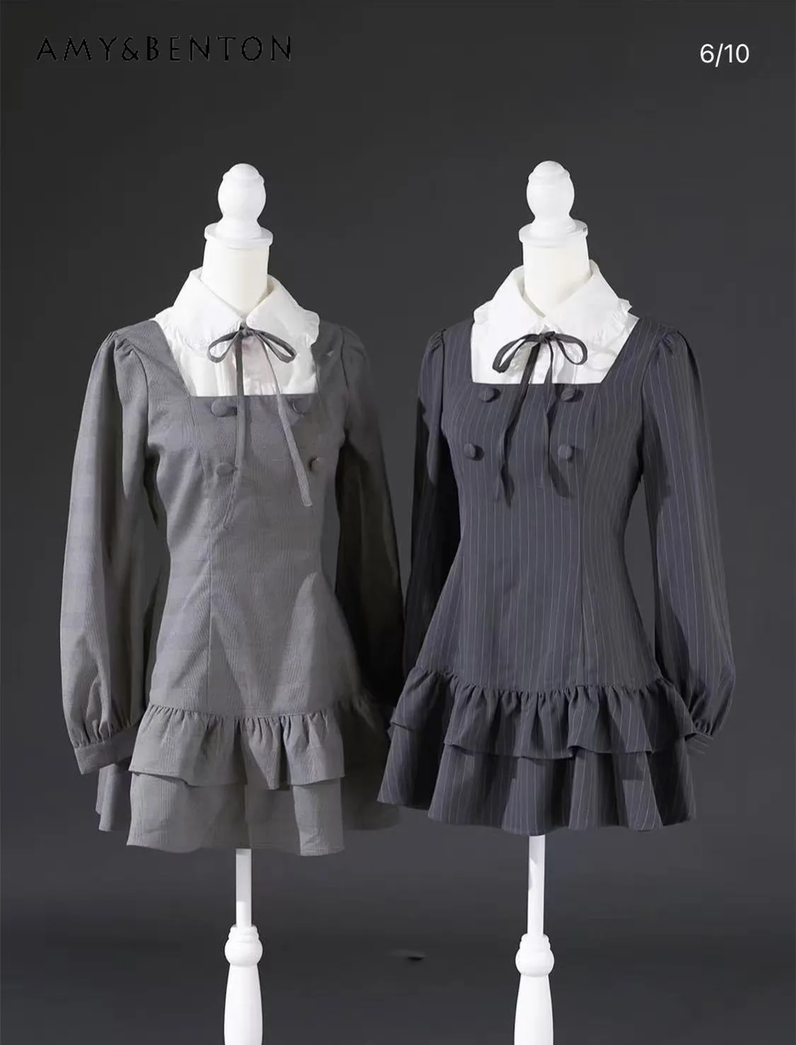 

Japanese College Style Detachable Collar Long Sleeve Slim Dress for Women Sweet Cute Polka Dot Print Multi-layer Mini Dress