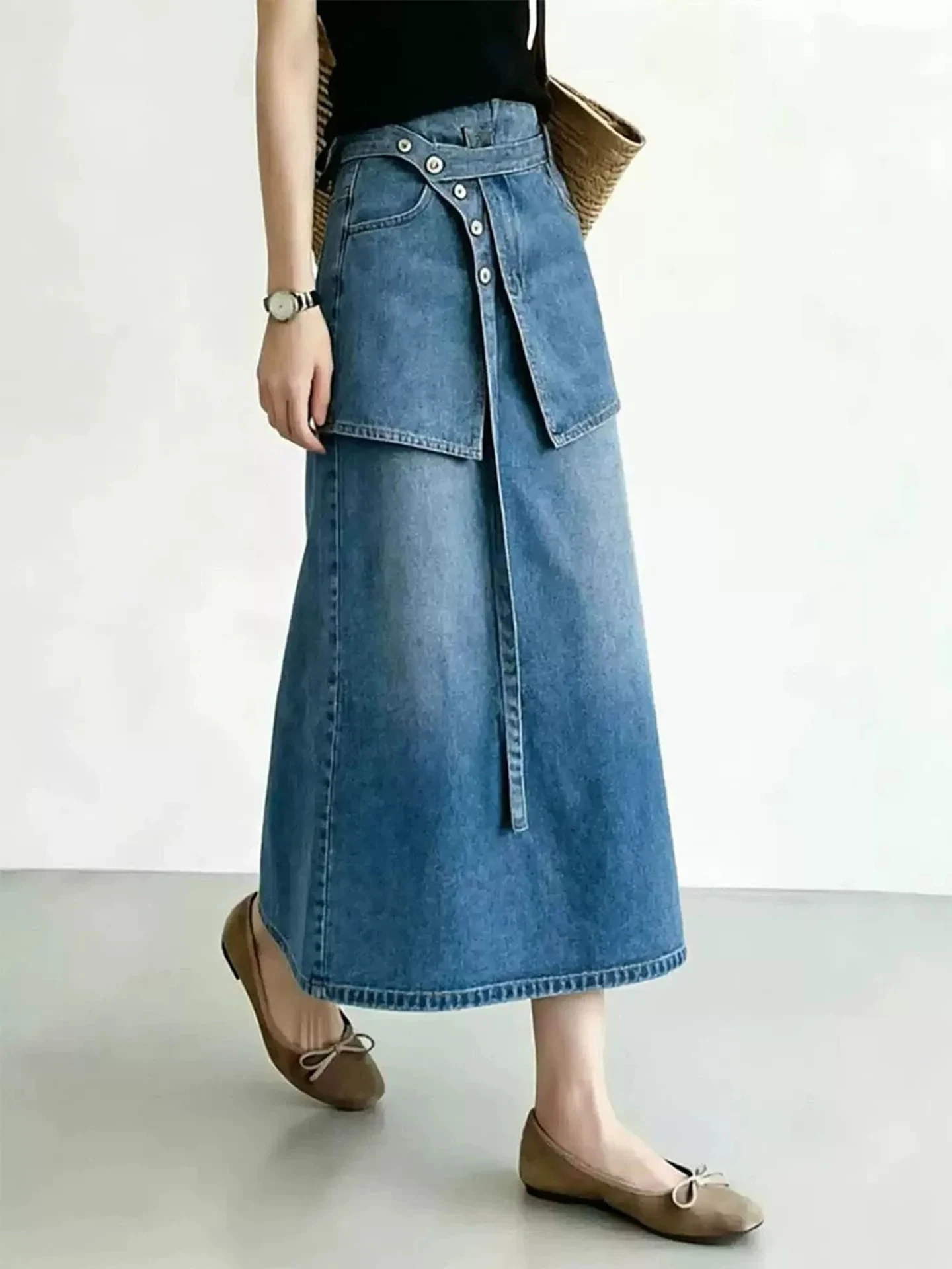 Chic Design  Fake Two Piece Denim Half Skirt New Women's Summer High Waist Irregular Buckle Waist Midskirts with Belt