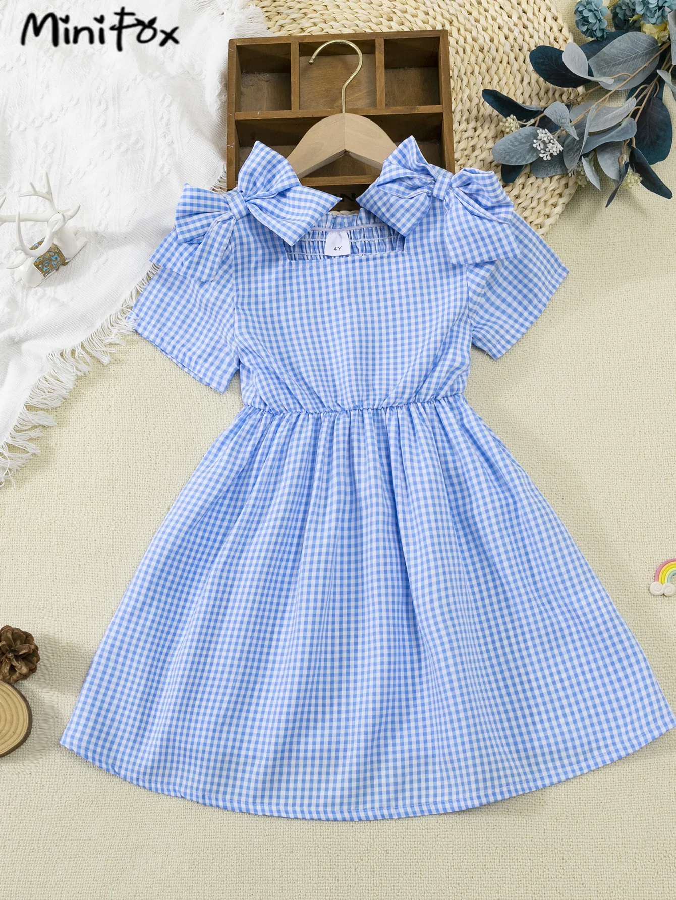 MniFox Sister and Brother Matching Outfits Sholder Bows Blue Plaid girl\'s Dress Boys Shirts outfit set abbigliamento per bambini ragazzi ragazze