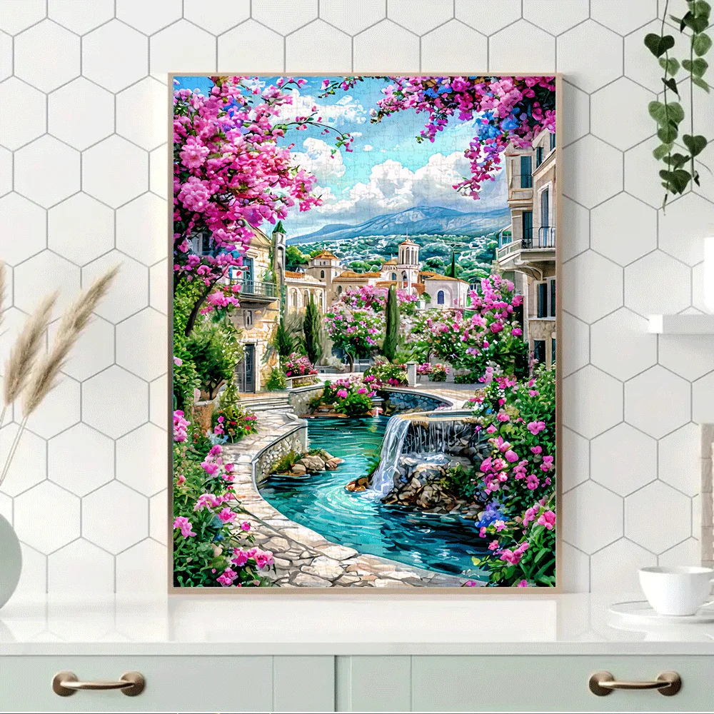 1000 elementów Bardzo Duże Puzzle Wioska w Stylu Greckiego Wyspy/Japońskiej Inspiracji Śródziemnomorskiej - Trudne, Dla Wieków 14+, Wytrzymałe, Samochodowe