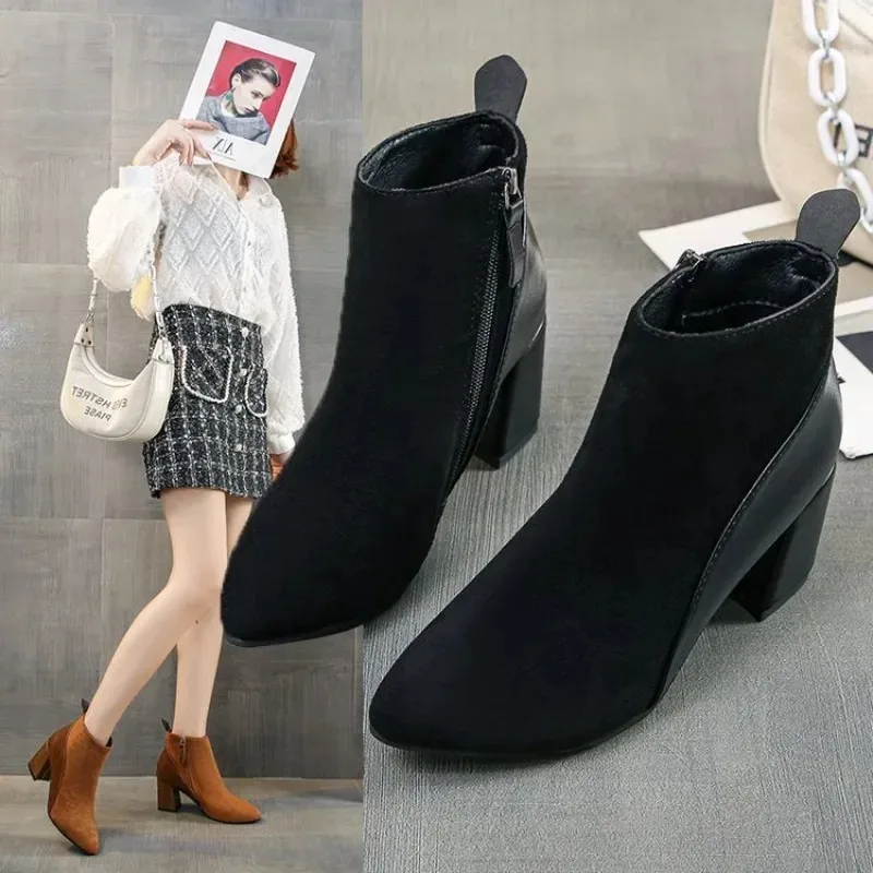 2024 Autumn/Winter Women Ankle Boots Pointed Fashion Short  Suede Panel Side Zipper Thick Heels Women\'s Shoes Large 44