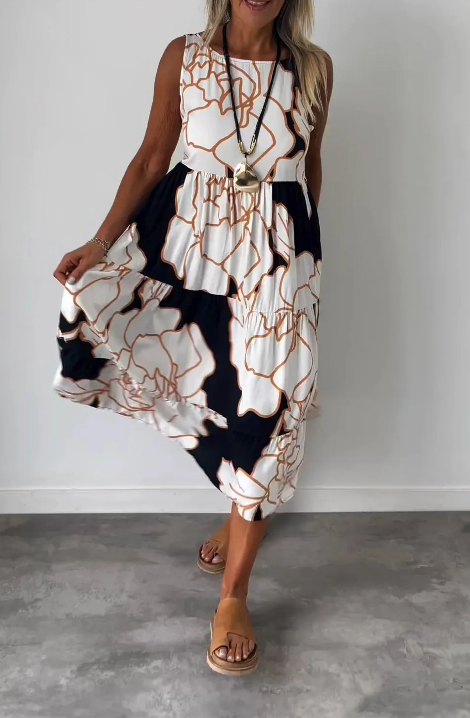 Women Floral Print Sleeveless A-line Dresses Summer O Neck Elegant Pleat Long Boho Dress Loose Beach Casual