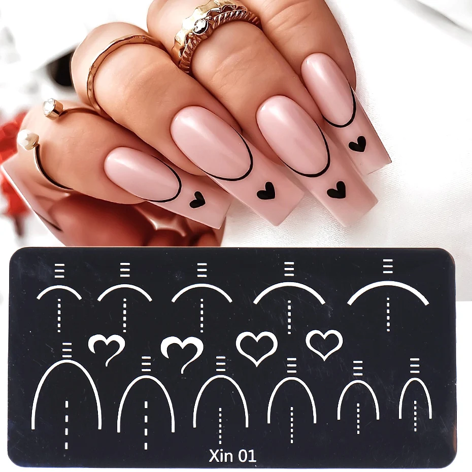 French Love Heart Nail Art Stamping Plate Drawing Template Hollow Sweetheart Lines Valentine 3D Image Stencil Mold Printing Tool