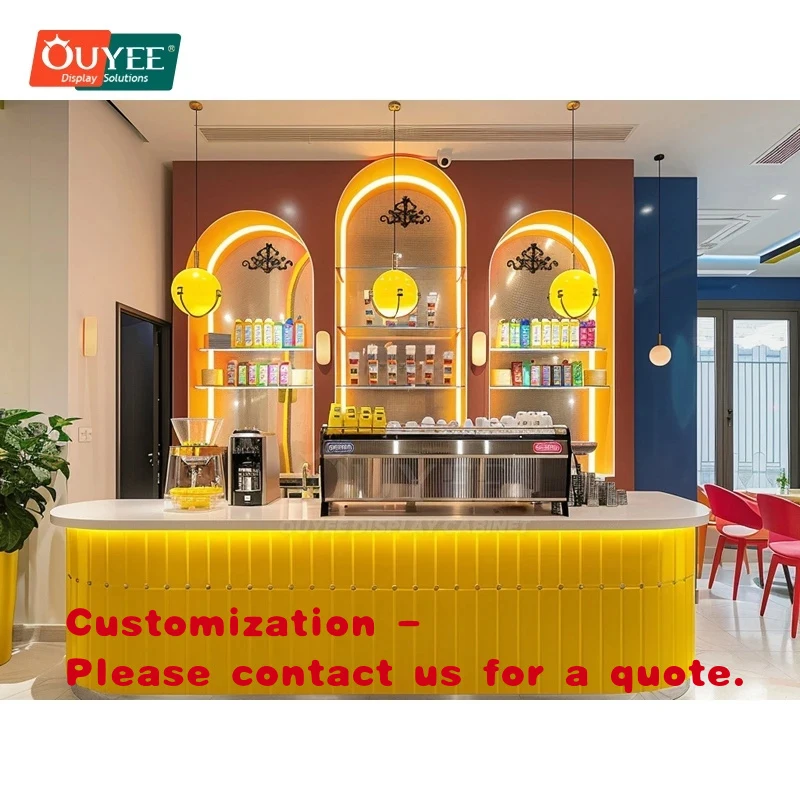 custom.3D Design Service Display Table Coffee Shop Layout Design Lockable Glass And Metal Coffee Bar