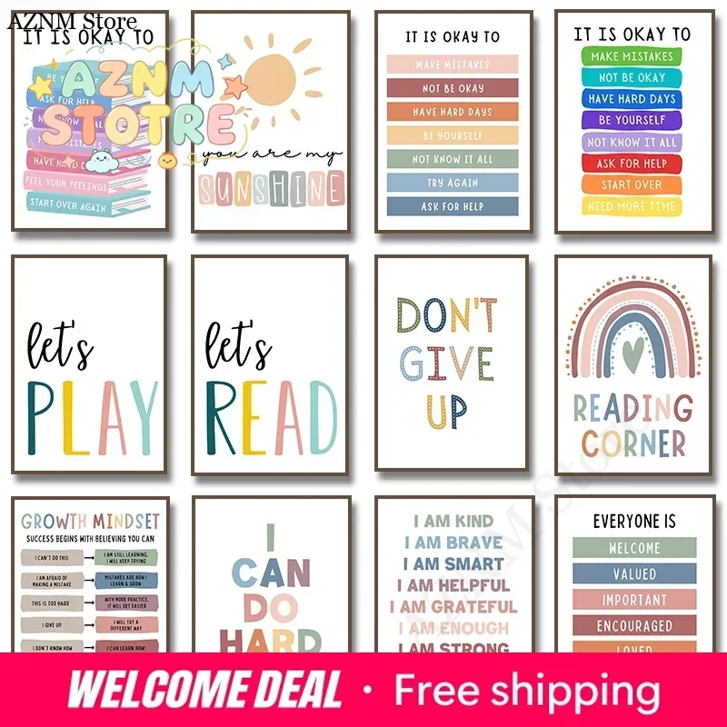 Kids Positive Affirmation Poster Self Confidence Quotes  Motivational Canvas Painting Wall Art Pictures Classroom Home Decor