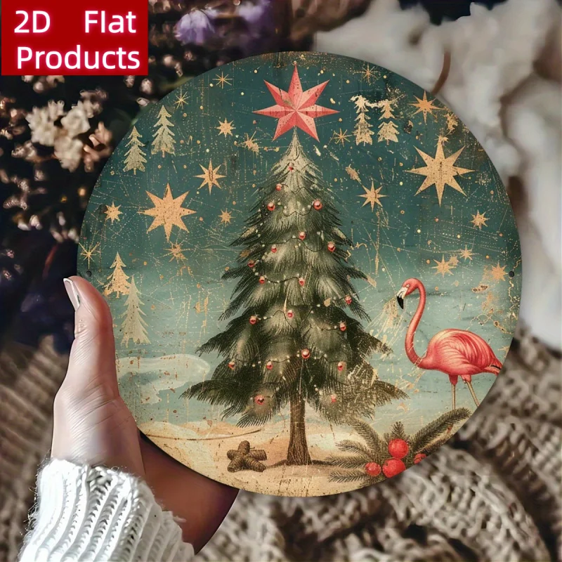 2D Flat, 1pc 1pcs Round Wall Decor Suitable for Home, Christmas & Flamingo-Themed Artificial Panel with Snowy Night Stars - Flam