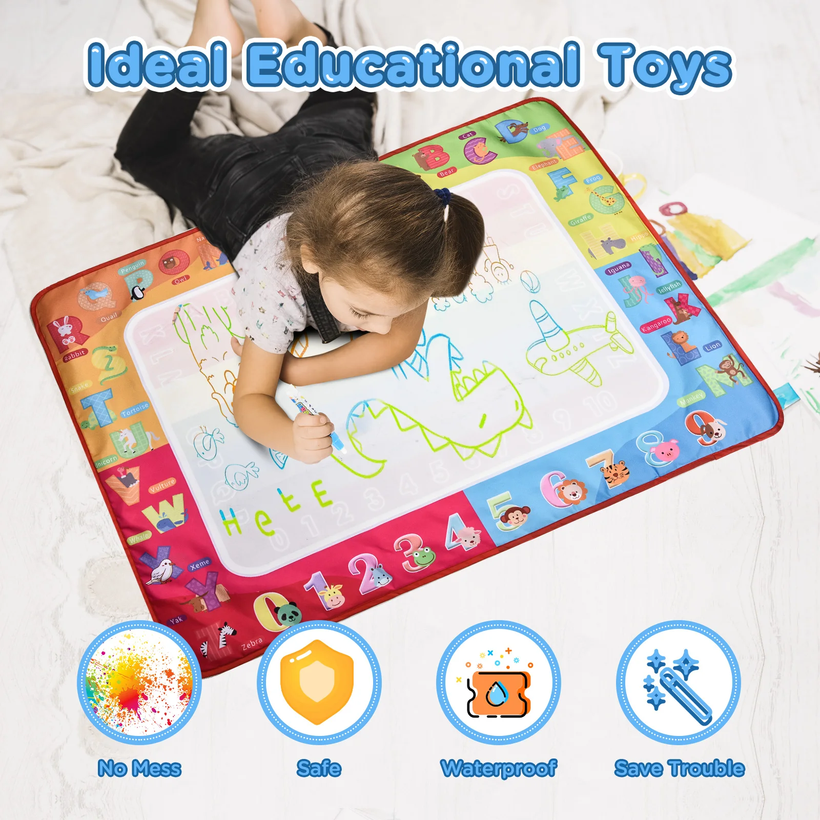 

Очень большой коврик для рисования водой для малышей, коврик для рисования цвета морской волны без беспорядка для мальчиков и девочек 0-8 лет, детский рисунок