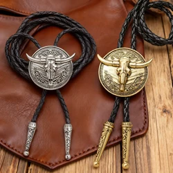 Vintage Bull Head Pendant Black Leather Rope Necktie Western Cowboy Bolo Tie for Men Women Necklace Accessories Adjustable