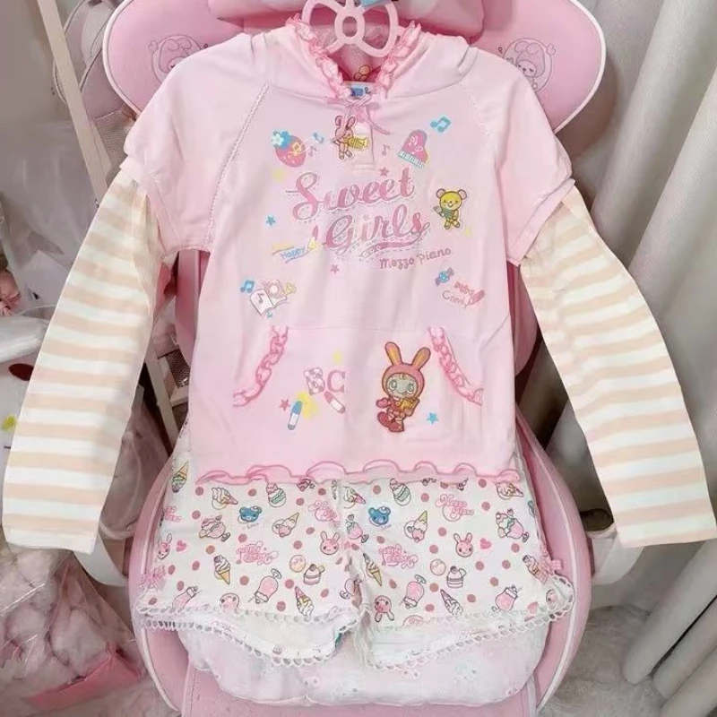 

Японские футболки с принтом в стиле кавайи для женщин, милые, с бантом, контрастными цветами, длинными рукавами, капюшоном, в стиле Y2K, повседневные топы