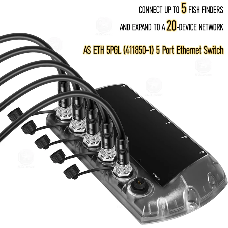 Boat 5-Port Ethernet Switch 411850-1 AS ETH 5PGL  + 720073-6 AS EC 5E 5-Foot Marine Ethernet Cable for Humminbird, Black