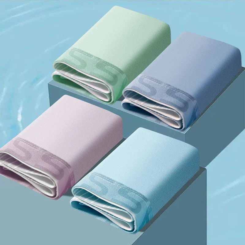 4pcs Men's Ice Silk Underwear Summer Solid Color Middle Waist Breathable Flat Pants Sexy Sports Quadrangle Pants