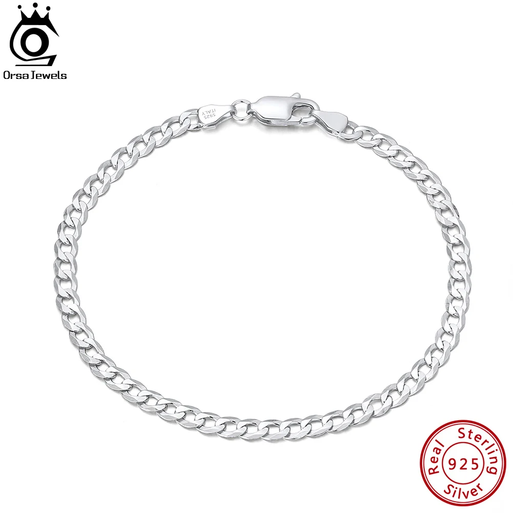 

ORSA JEWELS Real 925 Sterling Silver Italian Cuban Chain Bracelet 3mm Diamond-Cut Link Curb Chain Jewelry for Women Men SB123-P