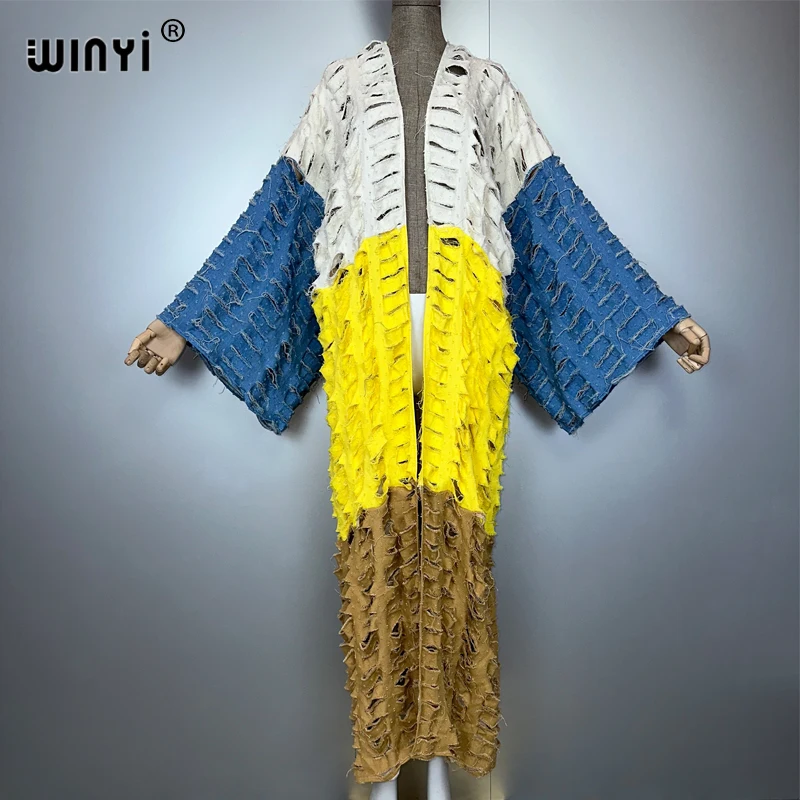 

WINYI African fashion cardigan for women new 2025 Loose OverCoat Hollow denim long down coat swimsuit cover up summer kimono