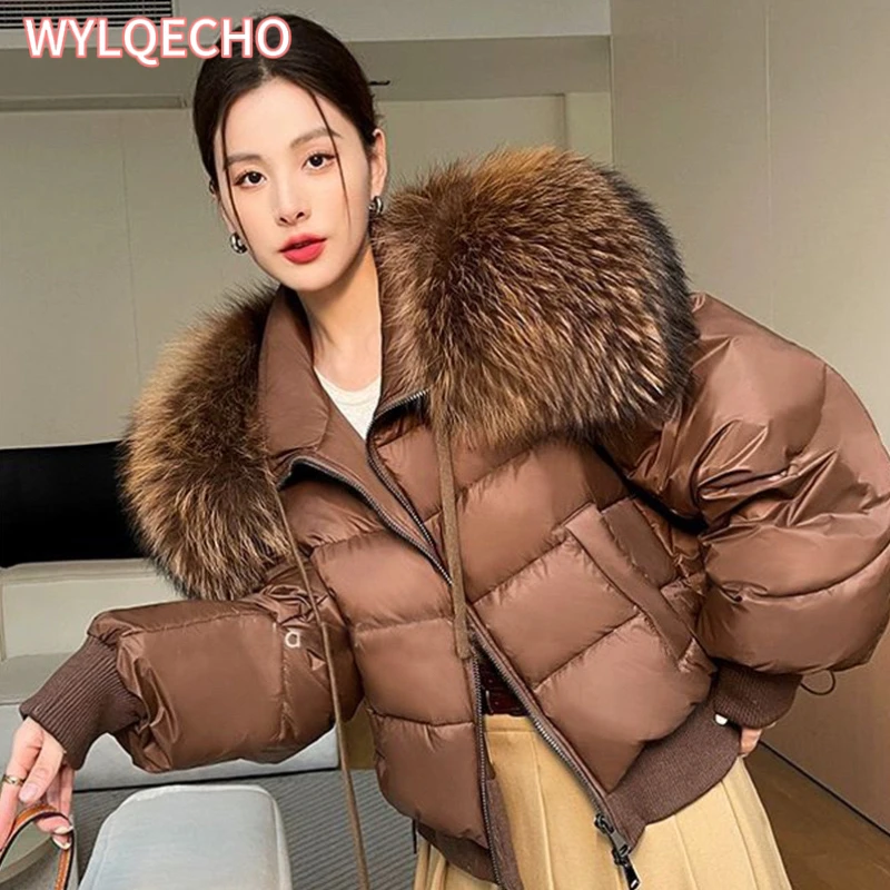 2024 Winter Puffer Jacket Women Thick Warm Short Parkas Real Natural Raccoon Fur Female Loose 90% White Duck Down Coat