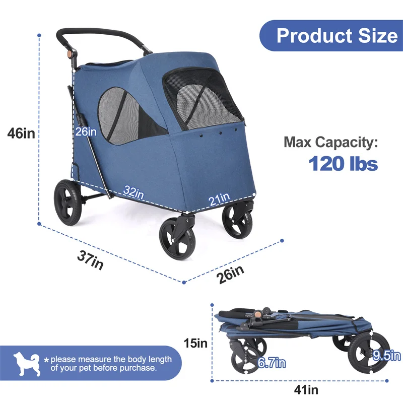 Duplo Pet Stroller para cães grandes, até 66lbs, alça ajustável, Folding Dog Buggy, armazenamento, XXL