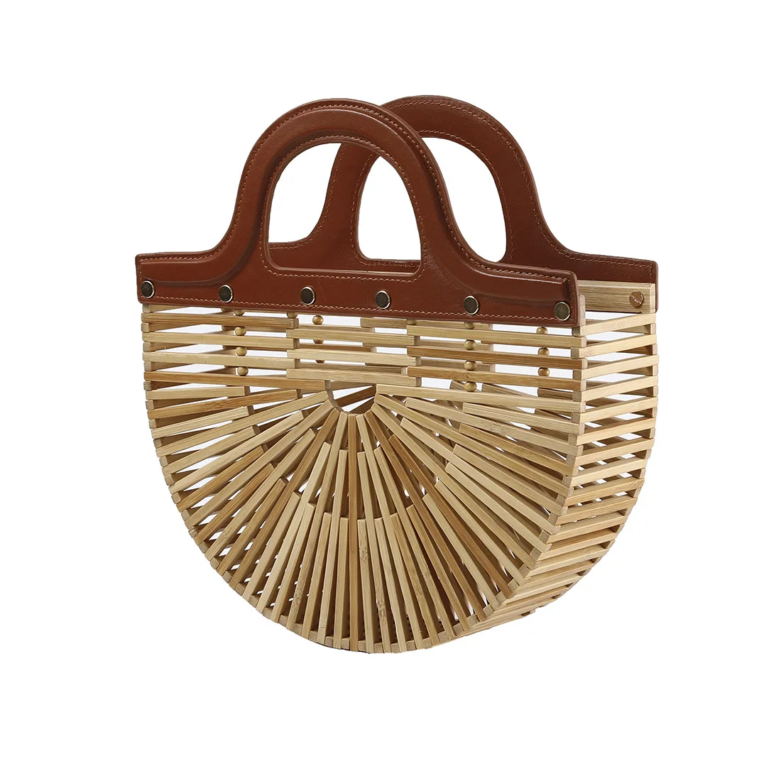 Bamboo Woven Summer 2023 Trend Handheld Women\'s Bag Straw Hollow Beach Vacation Beach Pu Handle Retro Exquisite Purses Handbags