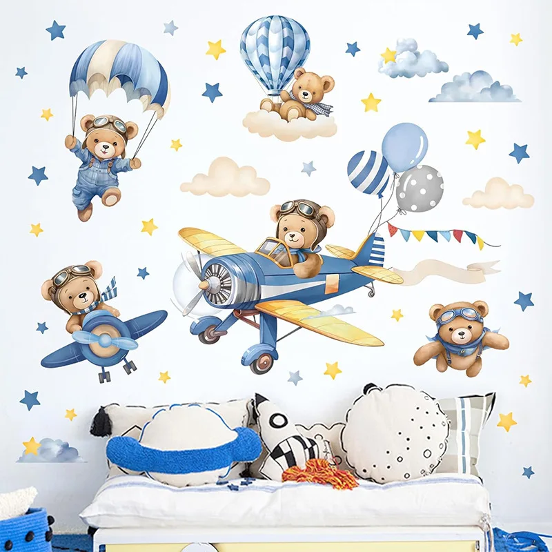 Large Cartoon Teddy Bear Pilot Airplane Stars Wall Stickers For Children's Room Kids Bedroom Baby Room Decor Removable Wallpaper