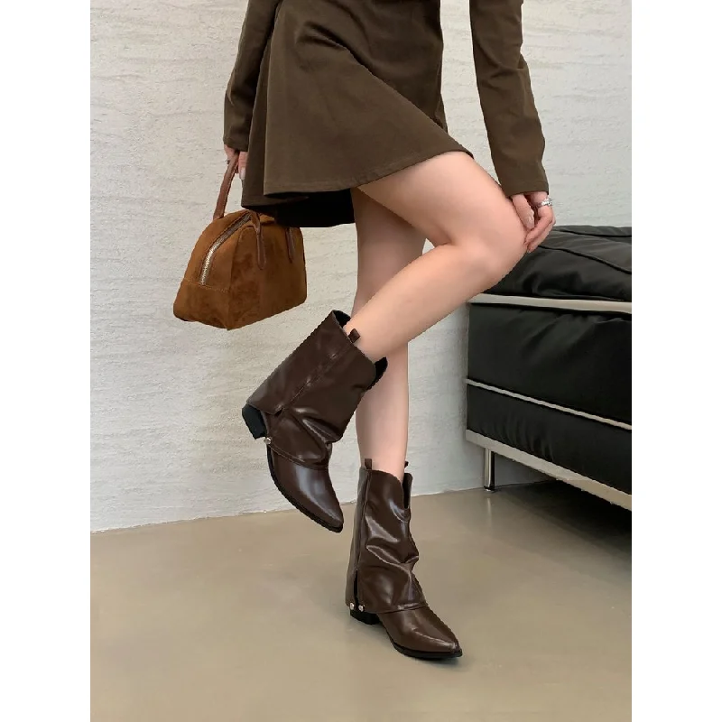Vintage Damen-Cowboystiefel mit spitzer Zehenpartie, gerafftem Schaft, seitlichem Reißverschluss, Blockabsatz, PU-Leder, Herbst/Winter – Detail 13