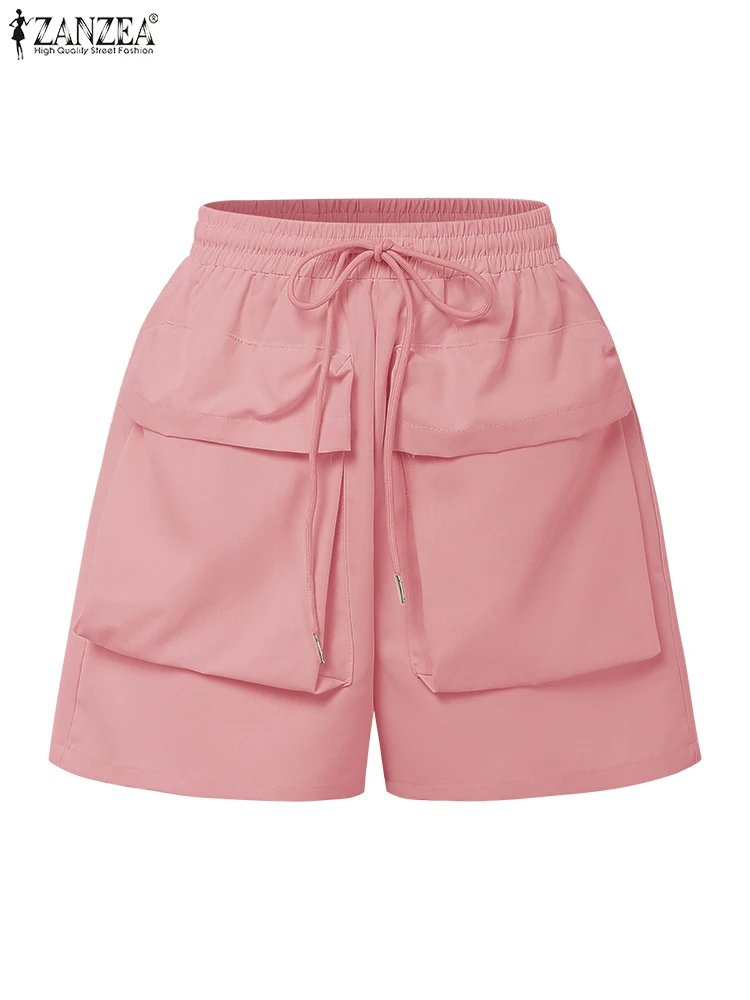 Zanzea moda shorts feminino 2025 verão cordão elástico na cintura bolsos workwear shorts de perna larga solto cor sólida calças curtas