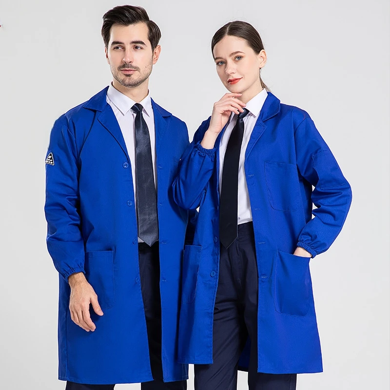 Long-Length Work Uniform Top, Long-Length Anti-Static Labor Protection Clothing with Pockets, Blue Work Uniform.