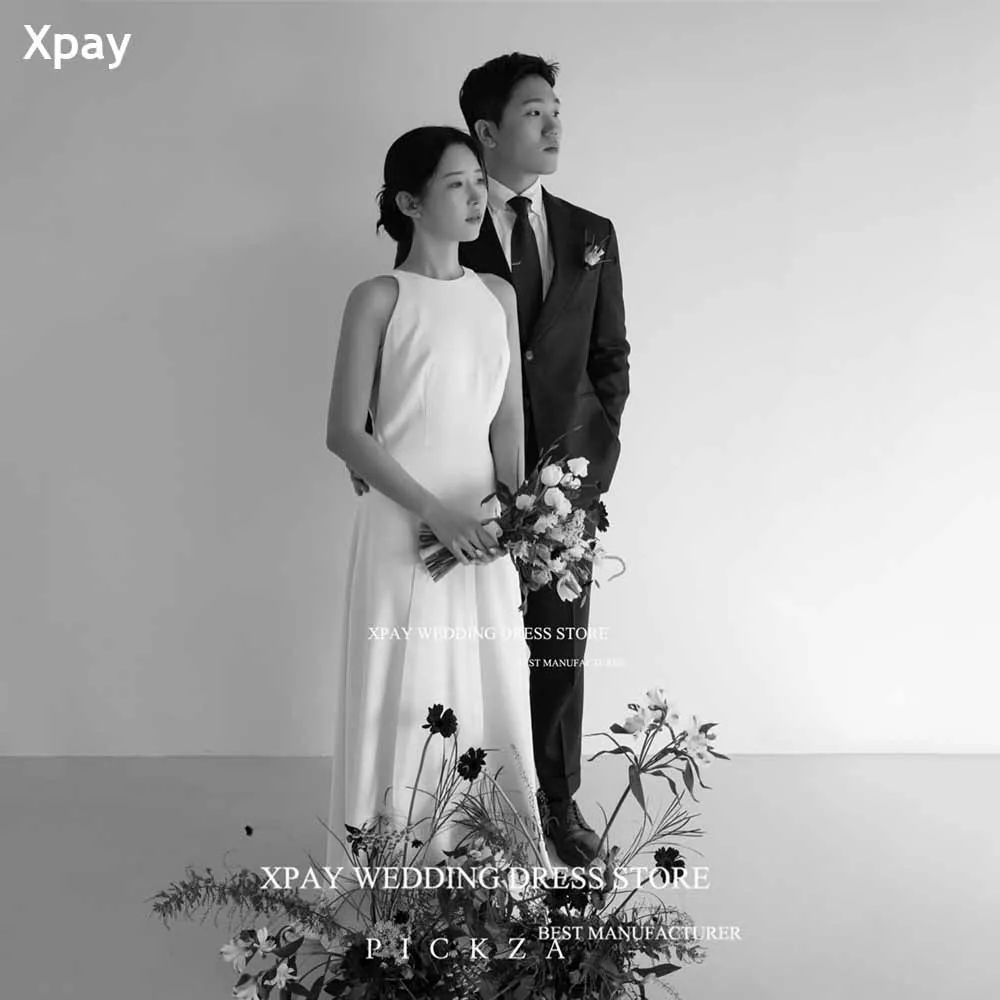 XPAY Simple O Neck Korea Straight Wedding Dresses Sleeveless Photos Shoot Cut Out Bride Dress Corset Backless Bridal Gown Custom